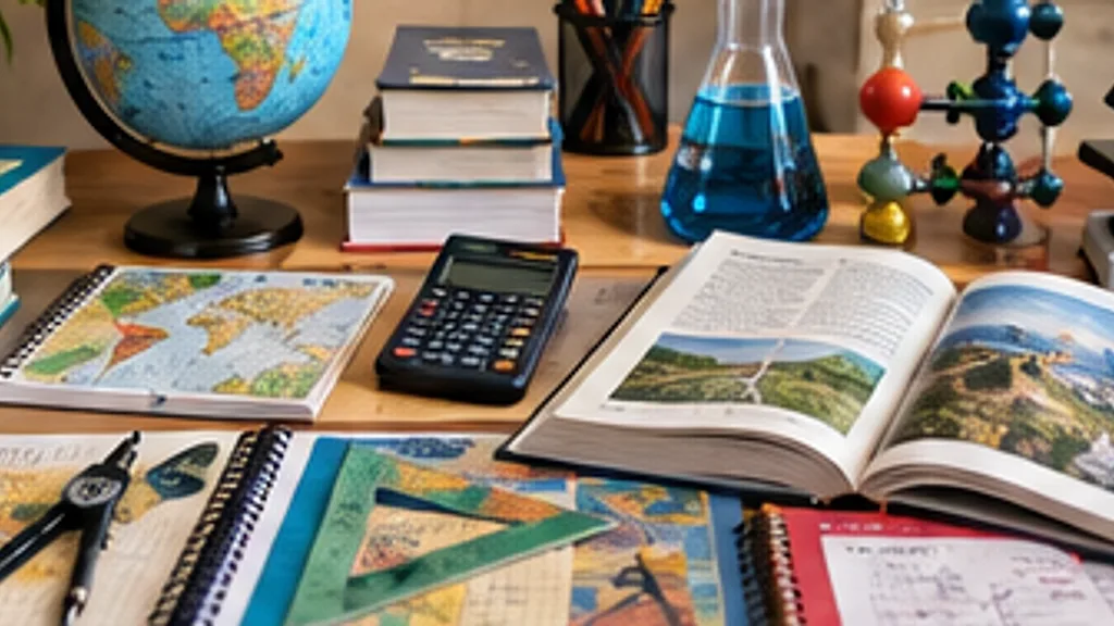 A desk with a globe, textbooks, maps and science models